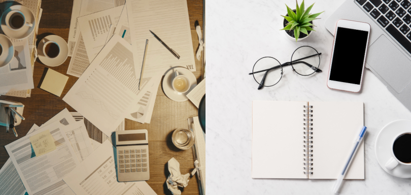 Side-by-side comparison of two workspaces: on the left, a cluttered desk representing the challenges of self-administration; on the right, a clean and organized desk symbolizing the efficiency and simplicity of outsourced fund administration.